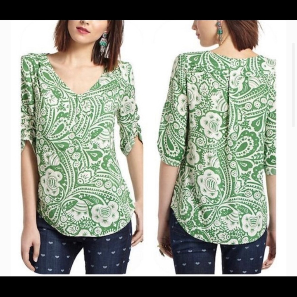 Maeve Charleston Henley Peasant Blouse green white